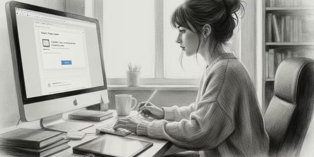 Mujer trabajando con ordenador de sobremesa en un espacio de trabajo luminoso, escribiendo y tomando notas , gestoría