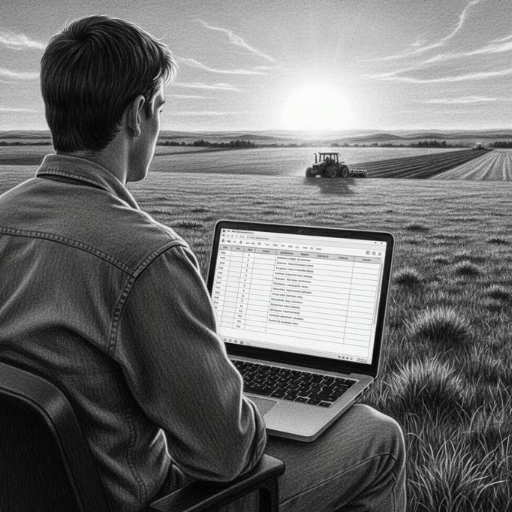 Agricultor moderno gestionando trabajos agrícolas desde un portátil en el campo al atardecer