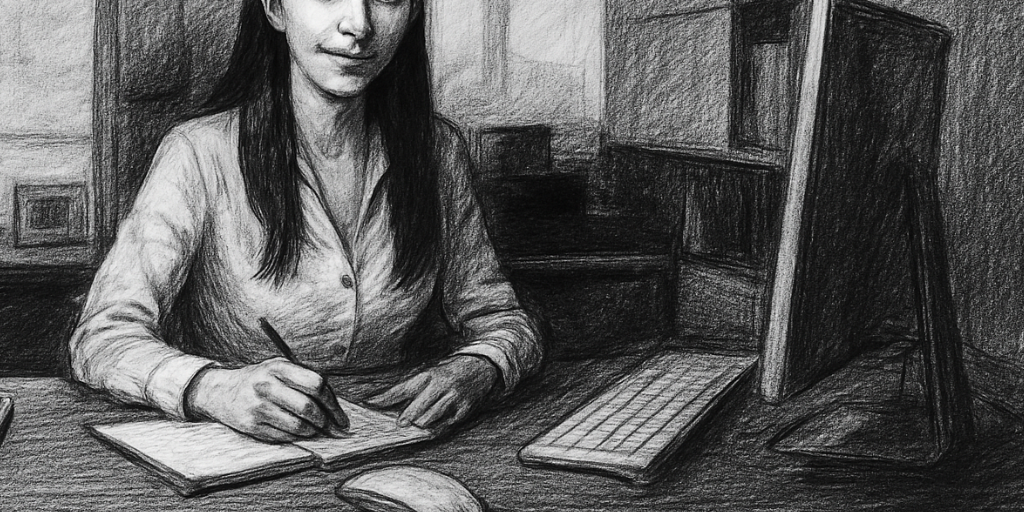 Gestora administrativa trabajando en la gestión de documentación para pymes y autónomos en oficina