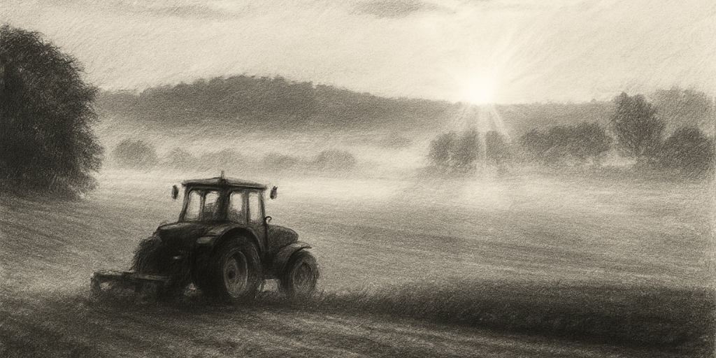 Ilustración en blanco y negro de un tractor trabajando en el campo al amanecer, entre niebla. Arolma Zuera