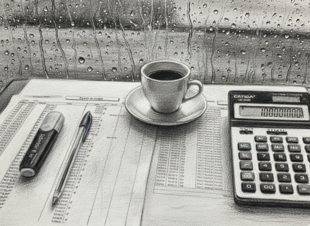 Dibujo a carboncillo de un escritorio con una taza de café